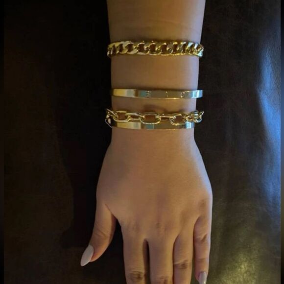 Unisex LOVE Men Women Gold Over Silver Chunky Gold Link Bangle Set - Picture 6 of 13